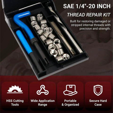 1/4-20 Helicoil Thread Repair Kit with HSS drill bit, thread inserts, and tools in open carry case