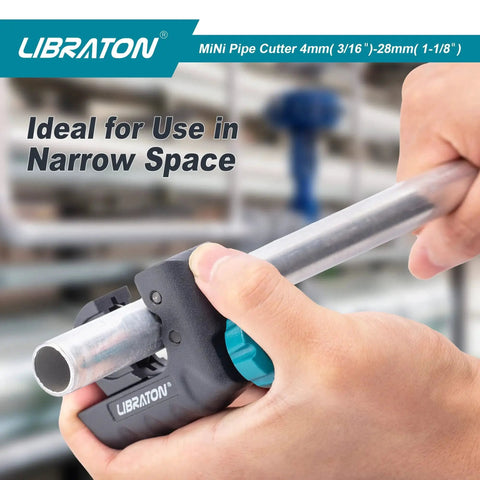 Compact Mini Tubing Cutter For Copper Aluminum And Thin Stainless Steel Pipes Three Sixteenths To One And One Eighth Inch With Deburring Tool Heavy Duty Portable Pipe Cutter For Tight Spaces From Libraton being used on a metal pipe