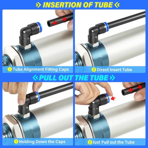 Pneumatic air line tube, 1/4 in OD, black nylon hose with blue collar; tube insertion illustration