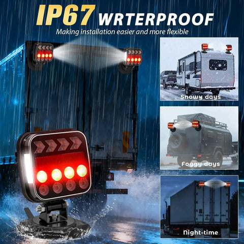 2-pack wireless magnetic trailer lights with IP67 waterproof rating, rechargeable red LED tail lights, 180° adjustable.