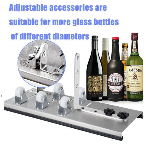 Glass Bottle Cutter Upgrade Kit With Five Support Wheels And Stainless Steel Base For Precise Round Bottle Cuts Pro Grade Quality Only For Round Bottles Wine Beer Liquor Champagne Bottles displayed with different bottles on a white background