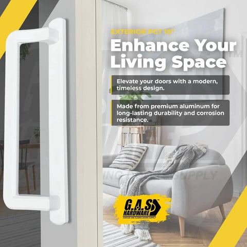 Ten Inch Exterior Sliding Glass Door Handle Replacement For Patio Doors White Finish Durable Diecast Construction Ideal For Exterior Sliding Glass Door Replacement On Homes And Offices Providing Smooth Operation And Secure Latching shown installed on a door