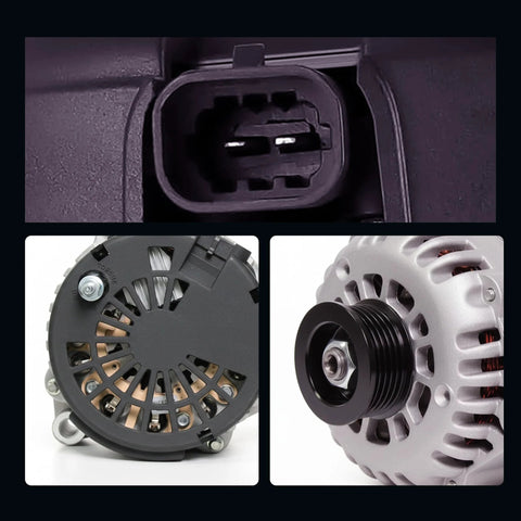 Close-up views of 105 Amp 12V Alternator For Chevy GMC Trucks Beefed Up Heavy Duty Replacement, showing connector and pulley.