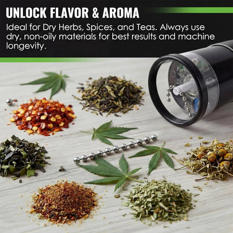 2 Pack Ball And Chain Replacement For Wakit Grinders And Mini Wakit with stainless steel bead chain next to herbs and grinder.