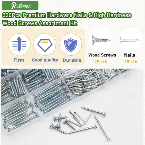 320 Piece Premium Hardware Nails And High Hardness Wood Screws Kit For DIY Projects With 11 Sizes Galvanized Phillips Drive Flat Head Wood Screws And Nails In A Sturdy Storage Box