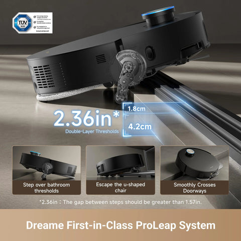 Dreame X50 Ultra robotic vacuum and mop, black with blue LED rim, crossing floor thresholds.
