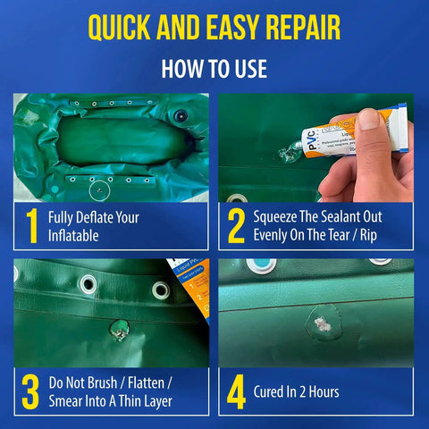 Step-by-step guide using Heavy Duty PVC Inflatable Patch Kit With Sealer And Cord for repairing inflatable boats and rafts.