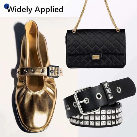 Heavy Duty Grommet Tool Kit Hand Press Grommet Machine With 3000 Silver And Gold Grommets, shoes, leather bag, studded belt showcasing use.