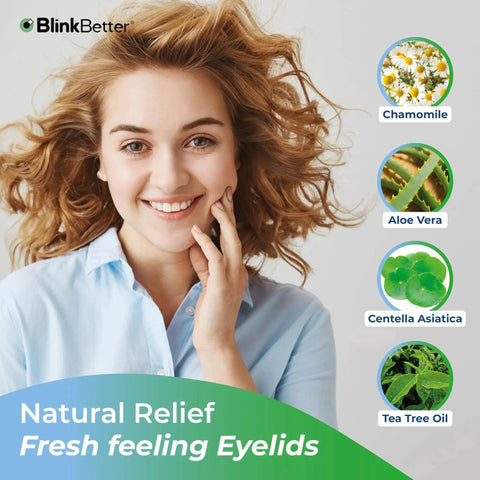 Smiling woman with natural relief ingredients like chamomile, aloe, centella asiatica, and tea tree oil for eyelid care.