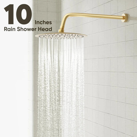 Brushed Gold Shower Head System From Gabrylly With 10 Inch Rainfall Head And 5 Setting Handheld Sprayer Solid Brass Pressure Balance Valve High Pressure Shower Fixtures For Consistent Temperature And Luxurious Shower Experience