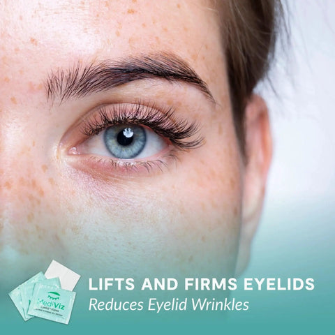 Close-up of woman's eye using Hypoallergenic Eyelid Cleansing Wipes For Debris Removal And Itchy Eye Relief, packaging visible