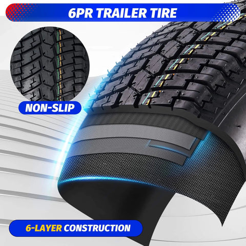 Cross-section view of a 6PR trailer tire highlighting the non-slip tread and 6-layer construction, designed for durability.