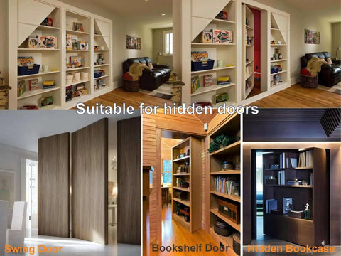Image of various setups using Secret Door Pivot Hinge 360 Degree Heavy Duty For Hidden Bookcase Doors, showcasing swing and bookshelf doors.