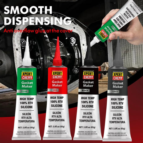 Four XPERT CHEMY Gasket Maker high-temp RTV silicone tubes in green, red, black, and grey.