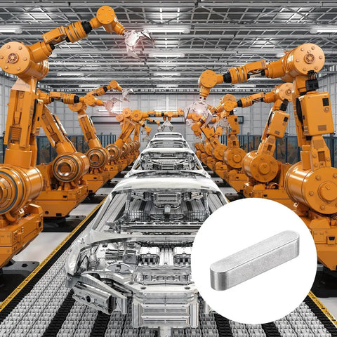 Round Ended Feather Key Set For Mechanical Projects 5 pcs 5x5x25mm stainless steel next to car assembly line with robotic arms