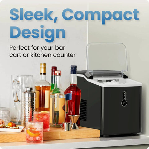 Front view of a black Chefman Iceman nugget ice maker on a kitchen counter with a transparent lid.