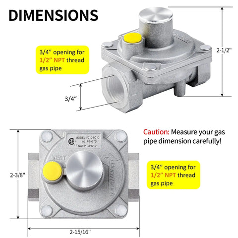 Gas Regulator For Natural Gas And Propane 1/2 PSIG 1/2 In NPT, 120000 BTU/Hr shown with dimensions for installation