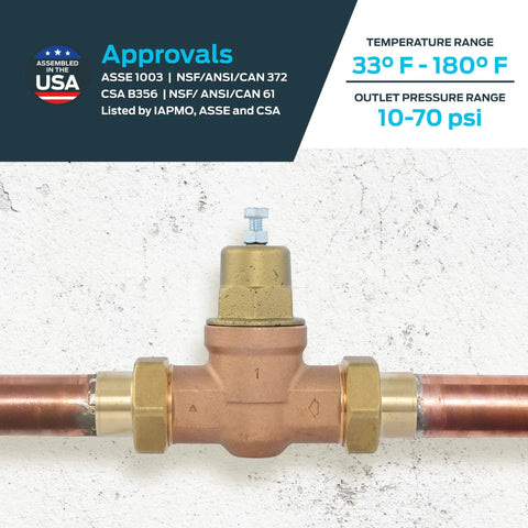 Cash Acme EB45 pressure regulating valve with copper piping, double union, 1 inch sweat connections, metal top, 60 psi