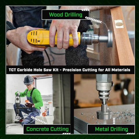 Man using Tungsten Carbide Hole Saw Kit With 22 Pieces For Metal Stainless Steel And Wood Includes 2 Drill Bits Deburring Tool