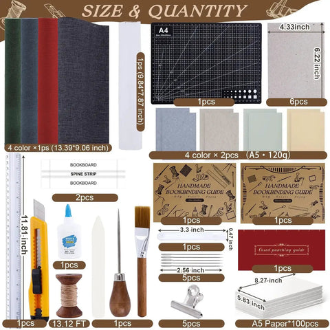 All In One 145Pcs Book Binding Kit For Beginners with A5 Paper, tools, and guides displayed with size details and quantities.
