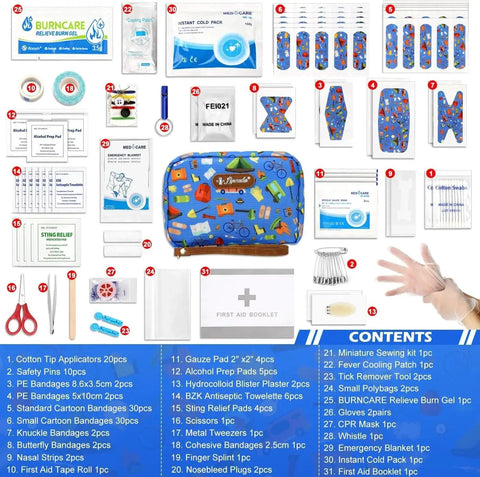 Grab And Go Travel First Aid Kit for Kids and Adults, 143-piece emergency supplies laid out, including scissors, bandages, and tweezers