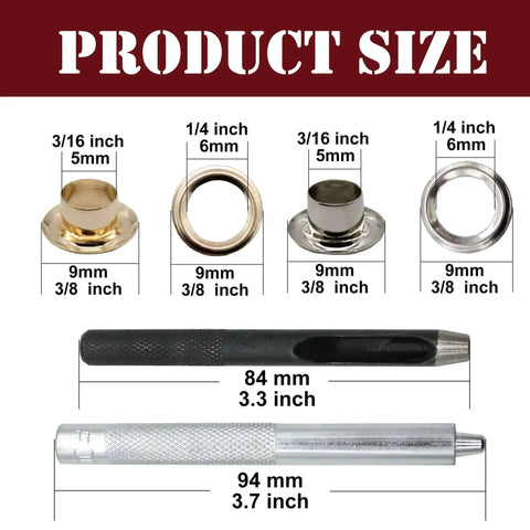 Must Have Reinforced Grommet Kit Set For DIY Projects 200 Pieces with size details of brass eyelets and tools.