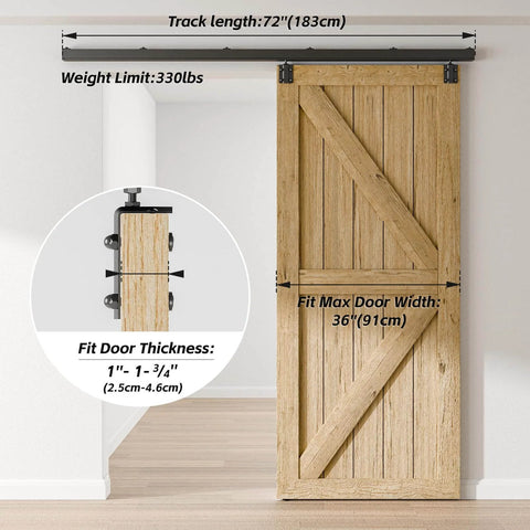 Front view of Six Foot Box Rail Sliding Barn Door Hardware Kit Aluminum Alloy Wall Mount Heavy Duty For Single Door Smooth Ball Bearing Rollers For Quiet Glide Supports Up To 330 Lb Fits Door Thickness One Inch To One And Three Quarter Inches installed on a wooden door in a room.