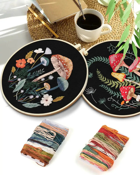 Two Pack Embroidery Kit For Grownups Beginner Friendly With Mushroom Pattern Hoops Tools Colorful Threads Needles And Step By Step Instructions DIY Starter Set showing embroidered mushroom patterns and colorful threads