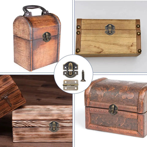 Retro Bronze Box Hinges And Latch Kit With Screws For Jewelry Boxes And Small Cabinets, DIY Craft Set displayed on wooden boxes.