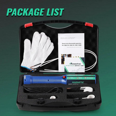 Powerful 1500W Induction Heater For Bolt Removal With 8 Coils And Rugged Case 110V Blue Tool For Nuts Bolts And Bearings No Flame Heating Extended More Than 20 Minutes Runtime Mxmoonfree Pro Grade 2 Year Warranty in open black case showing contents.