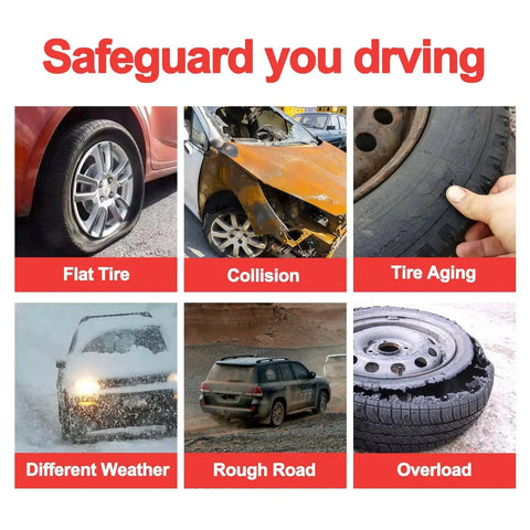 Infographic showing causes of tire issues: flat tire, collision, tire aging, different weather, rough road, overload.