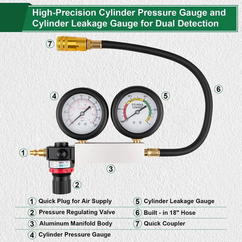 All In One Cylinder Leak Down Tester Kit For Auto Engines With Extension Rod Dual Gauge Gives Clear Pressure And Leakage Rate Readouts From 0 To 100 Psi And 0 To 100 Percent For Cars And Motorcycles Marvelity shown with hose and gauges for dual detection.