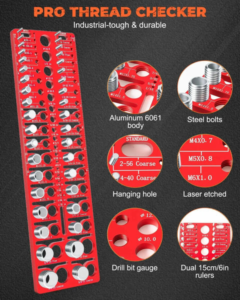 Red 57 In 1 Nut And Bolt Thread Checker With 21 Standard And 17 Metric Thread Gauges And 19 Drill Bit Gauges Wall Mount Bolt Size Finder