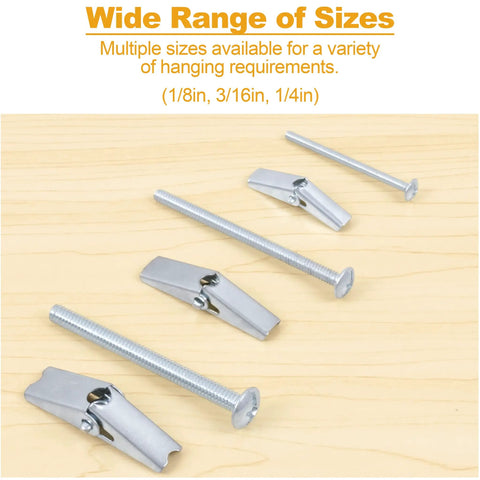 Hollow Wall Anchors Set 44 Pc Heavy Duty Toggle Bolts And Wing Nuts Kit For Drywall Hanging Pictures Curtains Plants Includes 1/8in 3/16in 1/4in Assorted Sizes shown in various sizes on wooden surface.