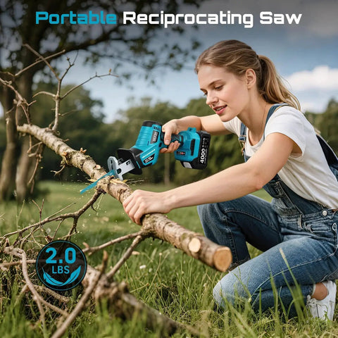 Cordless Reciprocating Saw With Brushless Motor And 3500 RPM Variable Speed for wood cutting outdoors, used by person