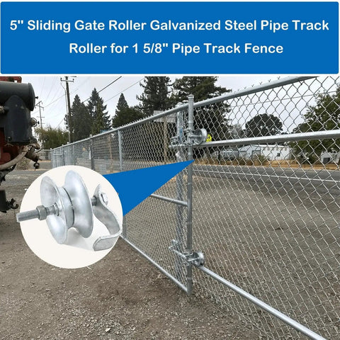 Five Inch Steel Pipe Track Gate Rollers For One And Five Eighth Inch Gate Frame Pack Of Two Sliding Gate Wheels Galvanized For Rust Resistance And Long Life Heavy Duty Fence Track Hardware With Hot Dip Finish image showing a side view of the roller installed on a chain-link fence gate.