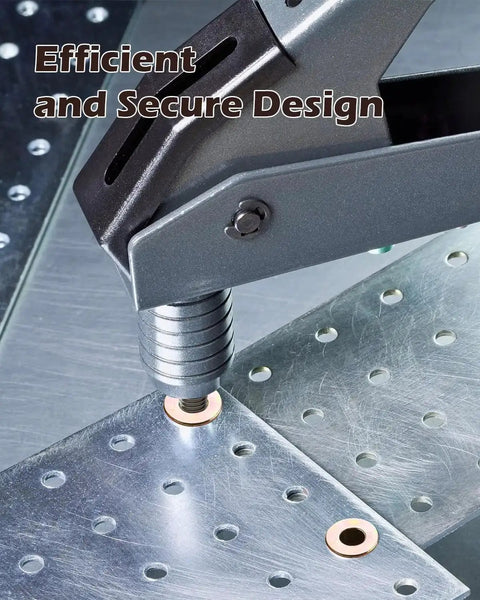 Close-up of tool from Fifty Piece Multi Grip Rivet Nut Kit With Carbon Steel Rivet Nuts In Zinc Plated Flat Head Pre Bulbed Shank One Quarter Twenty Threaded Inserts For Auto Body Repair And Fabrication Projects Heavy Duty Everyday Use being used on metal sheet.