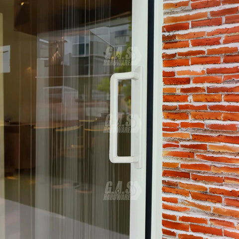 Front view of ten inch exterior sliding glass door handle replacement for patio doors white finish durable diecast construction