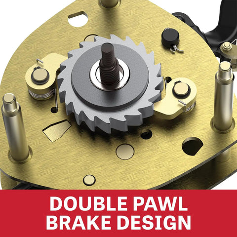 JET 1/2-ton compact lever hoist gear assembly close-up, brass base plate, double pawl brake design