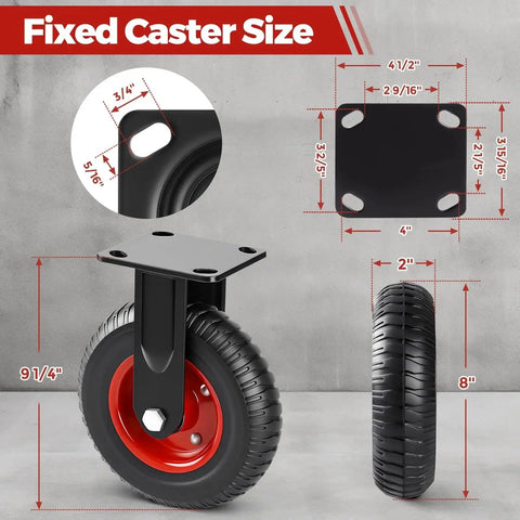 8 Inch Heavy Duty Solid Rubber All Terrain Caster Wheels Set Of 4 With 2200 Lb Capacity, side view with dimensions