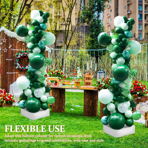 Balloon Column Stand Kit With Adjustable Poles And Bases For Balloon Sizes, decorated with green balloons at an outdoor event.
