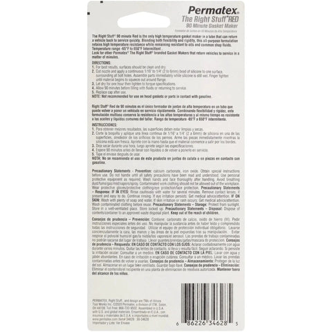 Back of packaging for Right Stuff 90 Minute Red High Temperature Gasket Maker For Headers And Exhaust showing instructions and safety information.