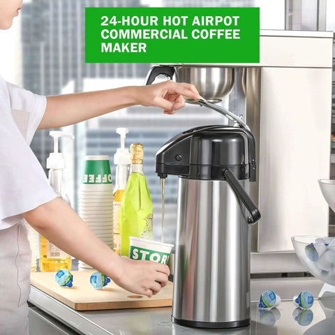 No-Fuss Auto-Filling Commercial Airpot Coffee Brewer 2.2L 74oz, Stainless Steel Thermal Carafe, 120V 1450W in use on a counter