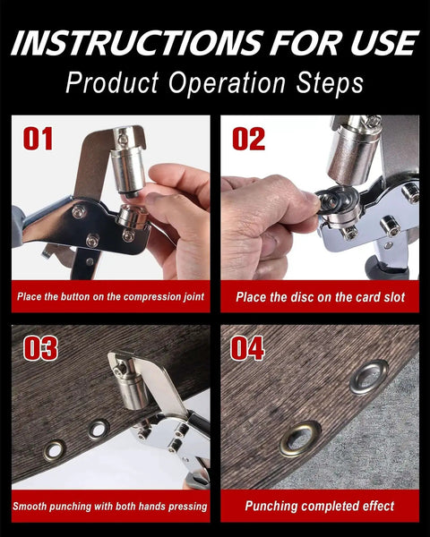 Instructions showing steps to use Pro Grade Grommet Kit with hammer and bag for installing grommets in DIY projects.