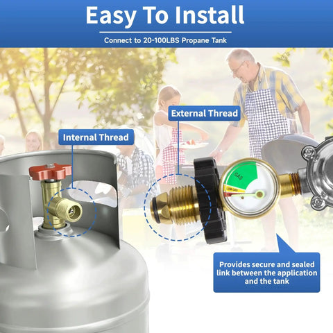 Diagram of two-stage propane regulator with gauge, POL, and NPT connection, showcasing installation with propane tank and usage scenarios in background.