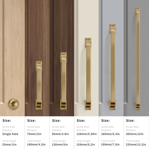 5 brass cabinet handles and knob shown on different wood textures with size details, featuring brushed gold drawer pulls.