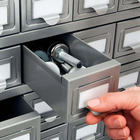 Heavy Duty 100 Drawer Small Parts Storage Cabinet With Label Holders All Steel Construction In Gray Enamel, open drawer view