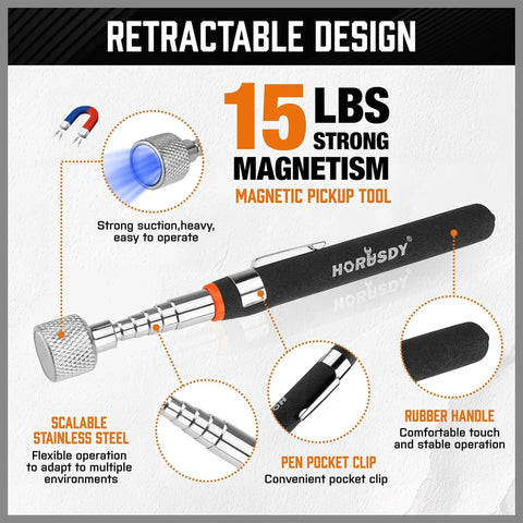 Effortlessly retrieve metal parts from tight spots, under machines, and around the shop with this 4 piece telescoping magnetic pickup tool set