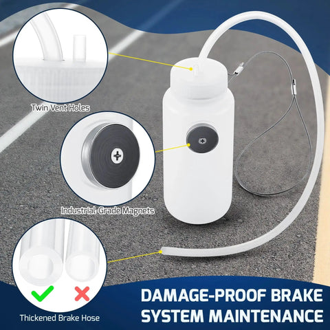 Front view of Dreyoo 16oz one-man brake bleeder kit: white bottle, thickened brake hose, magnetic mount.