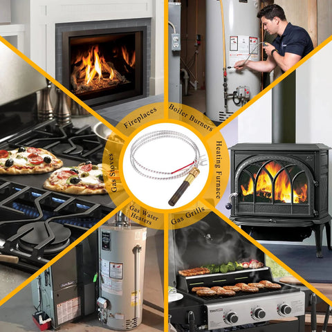 Five-pack thermopile with probe for gas appliances; central coil image surrounded by fireplace, boiler, water heater, stove and grill scenes